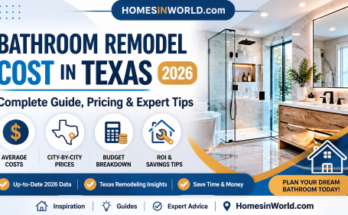 Modern bathroom remodel in Texas 2026 with walk-in shower, luxury bathtub, and bathroom renovation cost guide by HomesInWorld.com