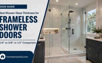 Modern frameless shower doors with 1/4 vs 3/8 vs 1/2 inch shower glass thickness comparison in a luxury USA bathroom remodel for 2026