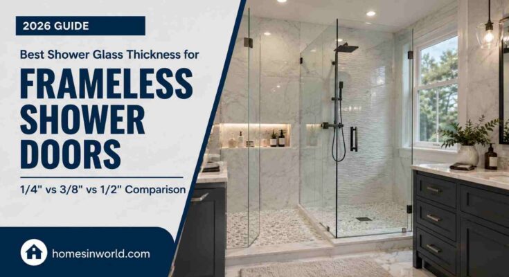 Modern frameless shower doors with 1/4 vs 3/8 vs 1/2 inch shower glass thickness comparison in a luxury USA bathroom remodel for 2026