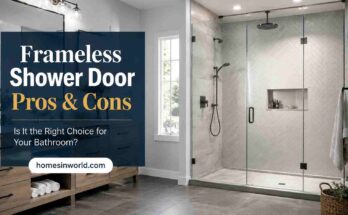 Modern frameless shower door installation in luxury USA bathroom remodel with heavy glass enclosure and contemporary interior design