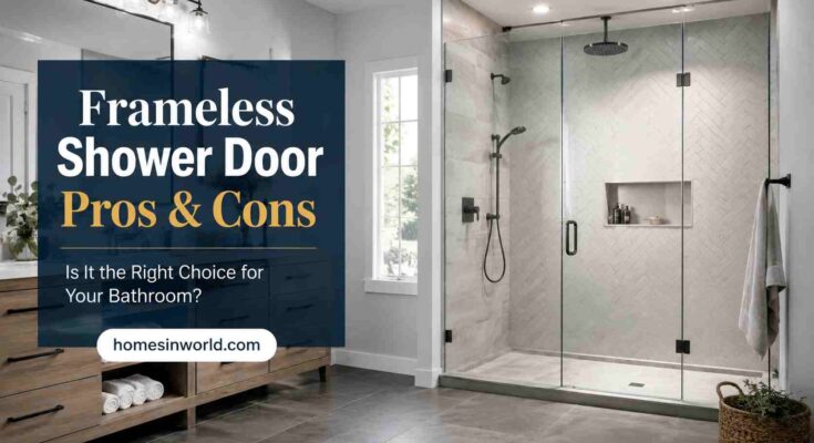 Modern frameless shower door installation in luxury USA bathroom remodel with heavy glass enclosure and contemporary interior design