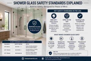 Tempered frameless shower glass safety standards and SGCC certified shower enclosure in a modern USA bathroom remodel